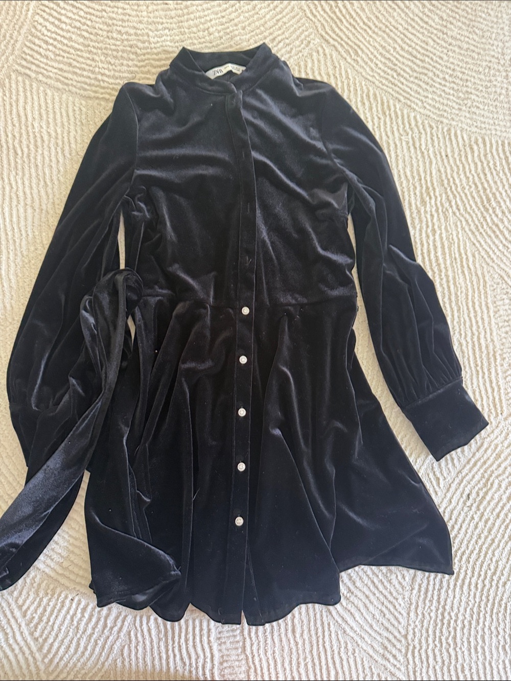 Zara Deep Black Velour  Dress with Collar and belt